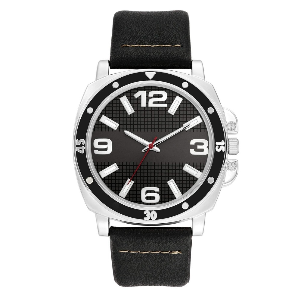 George Silver Tone Black Case Vegan Leather Strap Mens Analog Watch NEW